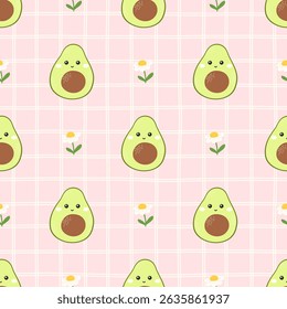 Kawaii avocado vector Seamless pattern with happy faces, perfect for kids clothing, organic food branding, and healthy lifestyle designs