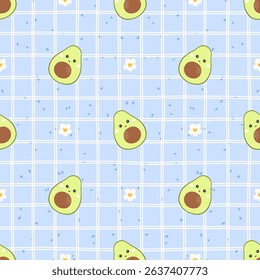 Kawaii avocado vector Seamless pattern with happy faces, perfect for kids clothing, organic food branding, and healthy lifestyle designs