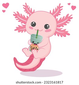 Kawaii axolotl drinking boba milk tea cartoon vector illustration
