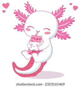 kawaii axolotl drinking strawberry milk tea cartoon vector illustration
