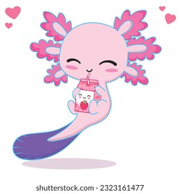 kawaii axolotl drinking strawberry milk tea cartoon vector illustration
