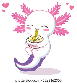 Kawaii axolotl eating ramen noodle cartoon vector illustration
