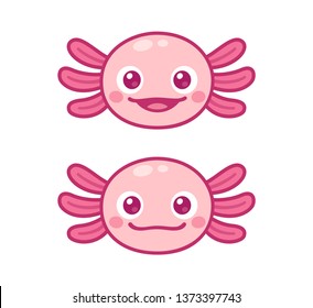 Kawaii axolotl face. Cute cartoon animal head drawing, funny vector illustration.