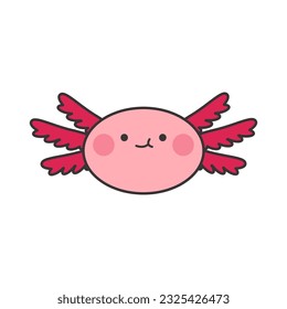 Kawaii axolotl head sticker. Cute vector character isolated on white background, pink cheerful axolotl, smiling amphibian.