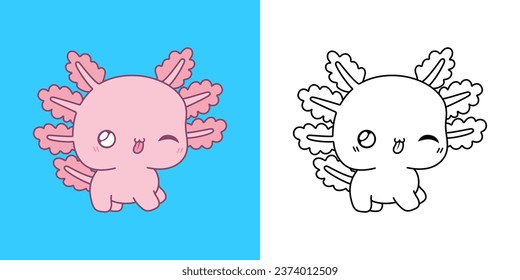 Kawaii Axolotl Multicolored and Black and White. Beautiful Isolated Animal. Funny Vector Illustration of a Kawaii Salamander for Prints for Clothes, Stickers, Baby Shower, Coloring Pages. 