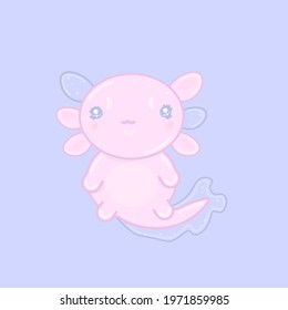 Kawaii axolotl on a blue background.
