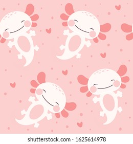 kawaii axolotl seamless pattern, baby amphibian background. cute animal drawn, cartoon illustration vector with heart for valentine