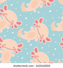 kawaii axolotl seamless pattern, baby amphibian background. cute animal drawn, cartoon illustration vector