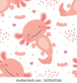 kawaii axolotl seamless pattern, baby amphibian background. cute animal drawn, cartoon illustration vector with heart for valentine