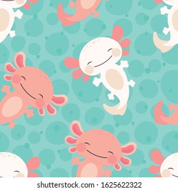 kawaii axolotl seamless pattern, baby amphibian background. cute animal drawn, cartoon illustration vector