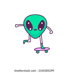 Kawaii baby alien mascot riding skateboard, illustration for t-shirt, sticker, or apparel merchandise. With doodle, retro, and cartoon style.