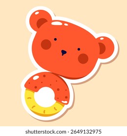 Kawaii baby bear rattle. Children's sticker drawn in bright neon colors.