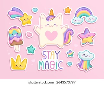 Kawaii Baby Cat Unicorn com elementos em pastel cor estilo coleção de adesivos engraçados. Bonito desenho animado Kitten Unicórnio com engraçado kawaii sorvete, nuvem, arco-íris, coração, estrela feliz etc para design padrão