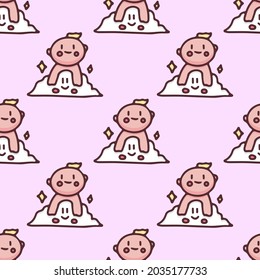 Kawaii baby in the cloud background seamless pattern. Perfect for Nursery kids, greeting card, baby shower girl, fabric design.