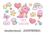 Kawaii Baby Dinosaur Unicorn with elements in pastel color style vector set. Cute cartoon Pink Dinosaur Unicorn with funny kawaii ice cream, cloud, rainbow, heart, happy star etc