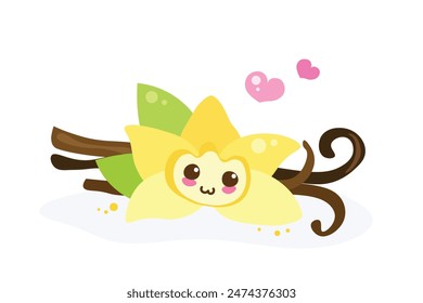 Kawaii Baby face Vanilla flower isolated on white. Cartoon vector illustration. Happy food for kids menu, print, greeting card, ice cream package. Adorable smiling vanilla flavor character.