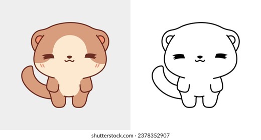 Kawaii Baby Ferret Multicolored and Black and White. Beautiful Isolated Baby Animal. Funny Vector Illustration of a Kawaii Animal for Prints for Clothes, Stickers, Baby Shower. 