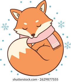 kawaii baby fox wearing a tiny winter scarf - sitting curled up