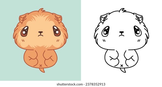 Kawaii Baby Guinea Pig Clipart Multicolored and Black and White. Cute Kawaii Baby Pet. Isolated Vector Illustration of a Kawaii Pet for Prints for Clothes, Stickers, Baby Shower. 