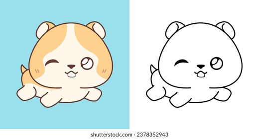 Kawaii Baby Hamster Clipart Multicolored and Black and White. Cute Kawaii Baby Animal. Isolated Vector Illustration of a Kawaii Pet for Prints for Clothes, Stickers, Baby Shower. 