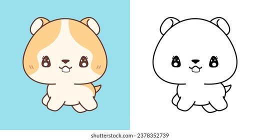 Kawaii Baby Hamster for Coloring Page and Illustration. Adorable Clip Art Animal. Cute Vector Illustration of a Kawaii Baby Pet for Stickers, Prints for Clothes, Baby Shower. 