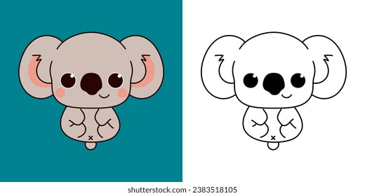 Kawaii Baby Koala Clipart Multicolored and Black and White. Cute Kawaii Animal. Isolated Vector Illustration of a Kawaii Baby Animal for Prints for Clothes, Stickers, Baby Shower. 