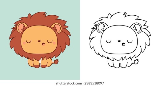 Kawaii Baby Lion Multicolored and Black and White. Beautiful Isolated Animal. Funny Vector Illustration of a Kawaii Baby Animal for Prints for Clothes, Stickers, Baby Shower. 