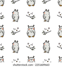 Kawaii baby owls hand drawn in doodle style in seamless vector pattern for kids textile, wallpaper, wrapping paper. Cute childish print with forest birds, leaves on white background