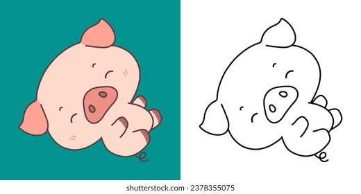 Kawaii Baby Pig for Coloring Page and Illustration. Adorable Clip Art Animal. Cute Vector Illustration of a Kawaii Animal for Stickers, Prints for Clothes, Baby Shower. 