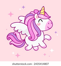 Kawaii Baby Pony Unicorn card template. Girly doodle style Pony Unicorn. Pink Unicorn Pony with wings for kids pajama print design and stickers. Fairy tale animal in pastel colors 