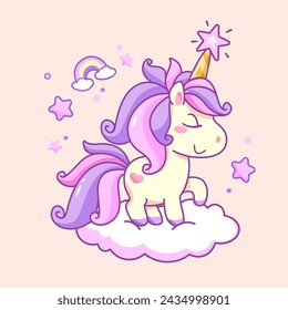 Kawaii Baby Pony Unicorn on cloud. Girly doodle style Pony Unicorn Funny Unicorn Pony for kids apparel print design and stickers.  Fairy tale animal in pastel colors. Isolated vector illustrator