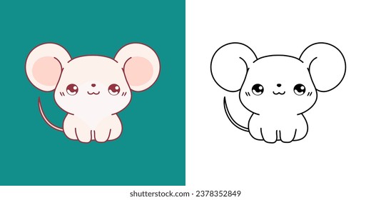 Kawaii Baby Rat Clipart Multicolored and Black and White. Cute Kawaii Mouse. Isolated Vector Illustration of a Kawaii Rodent for Prints for Clothes, Stickers, Baby Shower. 