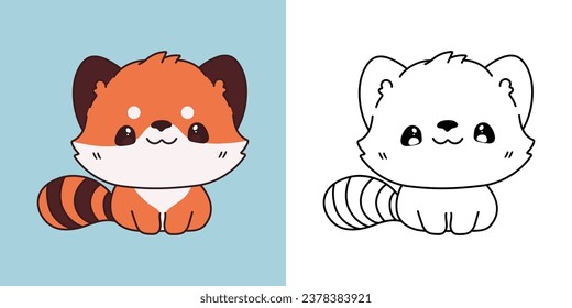 Kawaii Baby Red Panda para la página de colorear e Ilustración. Adorable Clip Art Baby Animal. Ilustración vectorial de un animal Kawaii para pegatinas, impresiones para ropa, ducha para bebés. 