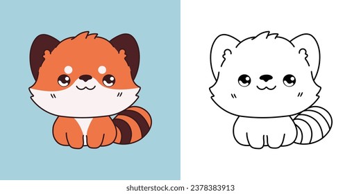 Kawaii Baby Red Panda Multicolored and Black and White. Beautiful Isolated Baby Animal. Funny Vector Illustration of a Kawaii Animal for Prints for Clothes, Stickers, Baby Shower. 