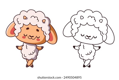 Kawaii baby sheep dancing cartoon character of coloring page. Cute lamb performing dance moves color and linear illustration. Children book