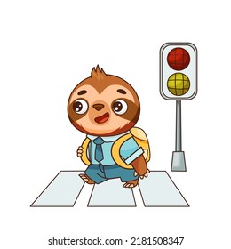 Kawaii baby sloth walks across the road at a crosswalk with a backpack. Vector illustration for designs, prints, patterns. Isolated on white background