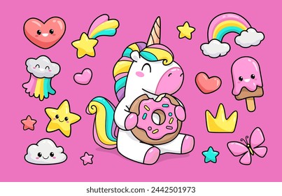 Kawaii Baby Unicorn hug donut vector set. Cute cartoon Pony Unicorn and funny kawaii elements: ice cream, cloud, rainbow, heart, happy star etc for pattern and greeting card, birthday party decoration