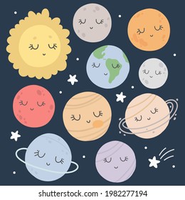 kawaii baby vector set with solar system planets and stars on blue background