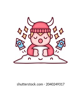 Kawaii baby Viking cartoon sleeping on the cloud. Perfect for Nursery kids, greeting card, baby shower girl, fabric design.