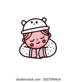 Kawaii baby with white bear hat sleeping. illustration for t shirt, poster, logo, sticker, or apparel merchandise.