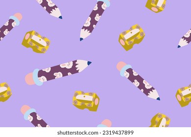 Kawaii Back to school stationery Seamless Pattern Background. Cute Hand drawn Office supply Perfect Kids Apparel Doodle Cartoon Preschool Children Learning Wrapping Textile Graphic Print Vector
