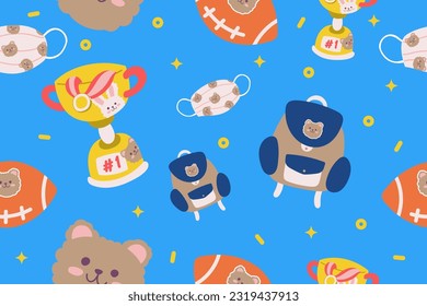Kawaii Back to school stationery Seamless Pattern Background. Cute Hand drawn Office supply Perfect Kids Apparel Doodle Cartoon Preschool Children Learning Wrapping Textile Graphic Print Vector
