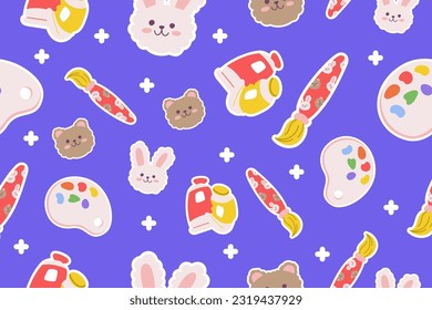 Kawaii Back to school stationery Seamless Pattern Background. Cute Hand drawn Office supply Perfect Kids Apparel Doodle Cartoon Preschool Children Learning Wrapping Textile Graphic Print Vector