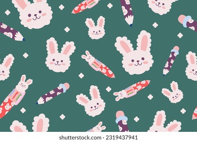 Kawaii Back to school stationery Seamless Pattern Background. Cute Hand drawn Office supply Perfect Kids Apparel Doodle Cartoon Preschool Children Learning Wrapping Textile Graphic Print Vector