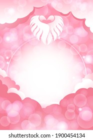 Kawaii background with clouds and heart made by wings. Valentine's day greeting card or wedding invitation, baby shower. Well for children accessories. Cute vector illustration with empty space