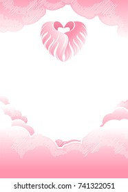Kawaii background with clouds and heart made by wings. Template design Valentine's day greeting card or wedding invitation. Well for children accessories. Cute vector illustration with empty space