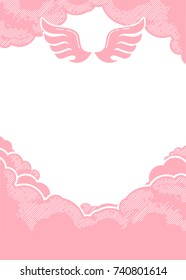 Kawaii background with clouds and wings. Template design for Birthday party or baby shower greeting card. Works well as Valentine's day or wedding invitation. Cute vector illustration with empty space