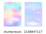 Kawaii background with rainbow princess gradient. Magic unicorn hologram. Holographic fairy set. Bright fantasy cover. Kawaii background with sparkles and stars for cute girl party invitation.