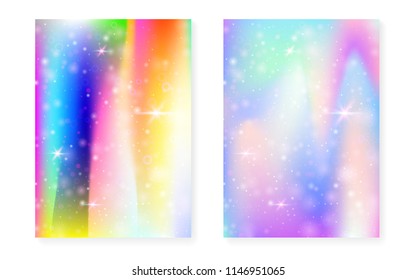 Kawaii background with rainbow princess gradient. Magic unicorn hologram. Holographic fairy set. Trendy fantasy cover. Kawaii background with sparkles and stars for cute girl party invitation.