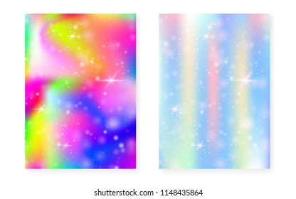 Kawaii background with rainbow princess gradient. Magic unicorn hologram. Holographic fairy set. Vibrant fantasy cover. Kawaii background with sparkles and stars for cute girl party invitation.